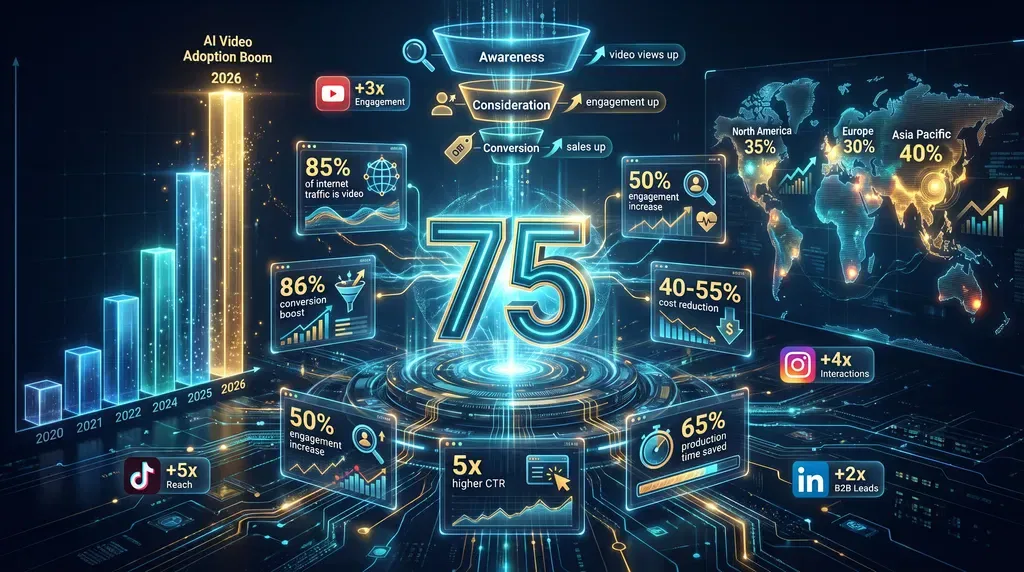 Infographic showing 75 AI video marketing statistics for 2026, featuring global adoption rates, social media engagement growth, and cost reduction metrics in a futuristic blue and gold design