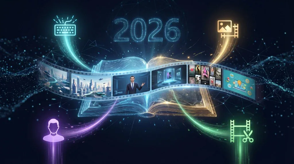 Futuristic AI video generation 2026: glowing book, film strip with AI scenes, text and edit icons