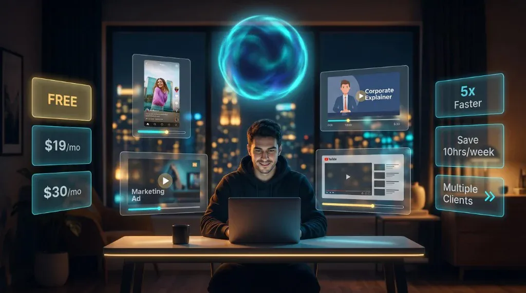 Best AI Video Tools for Freelancers in 2026: freelancer at a laptop with holographic video UIs, FREE pricing, 5x faster, night city