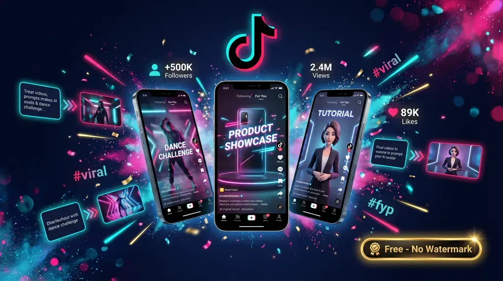 TikTok AI video tools hero: phones showing dance challenge, product showcase, and AI avatar tutorial with growth metrics