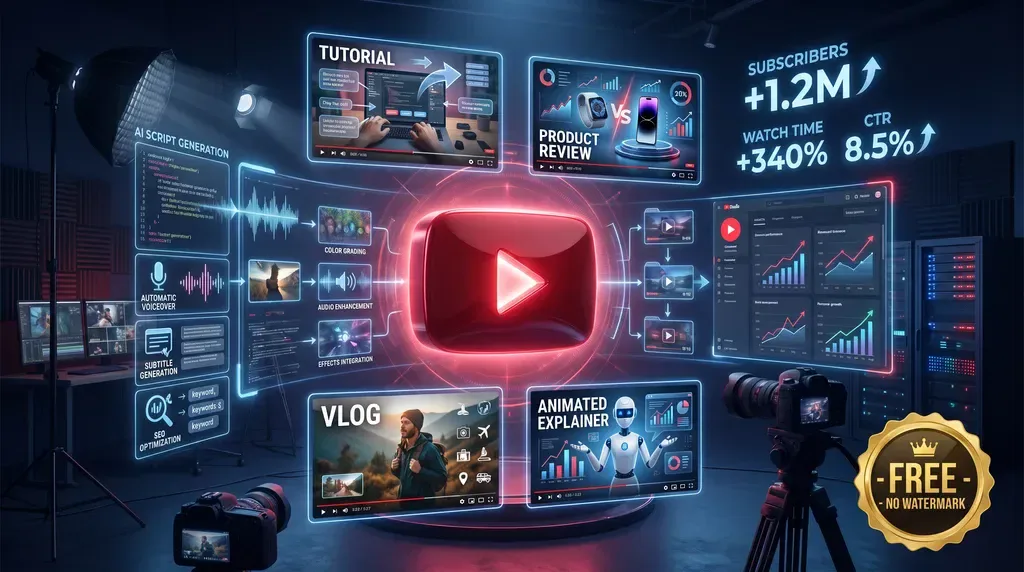 Futuristic YouTube studio with AI video workflow panels, analytics, and a glowing YouTube play button; hero for best AI video tools for YouTube in 2026