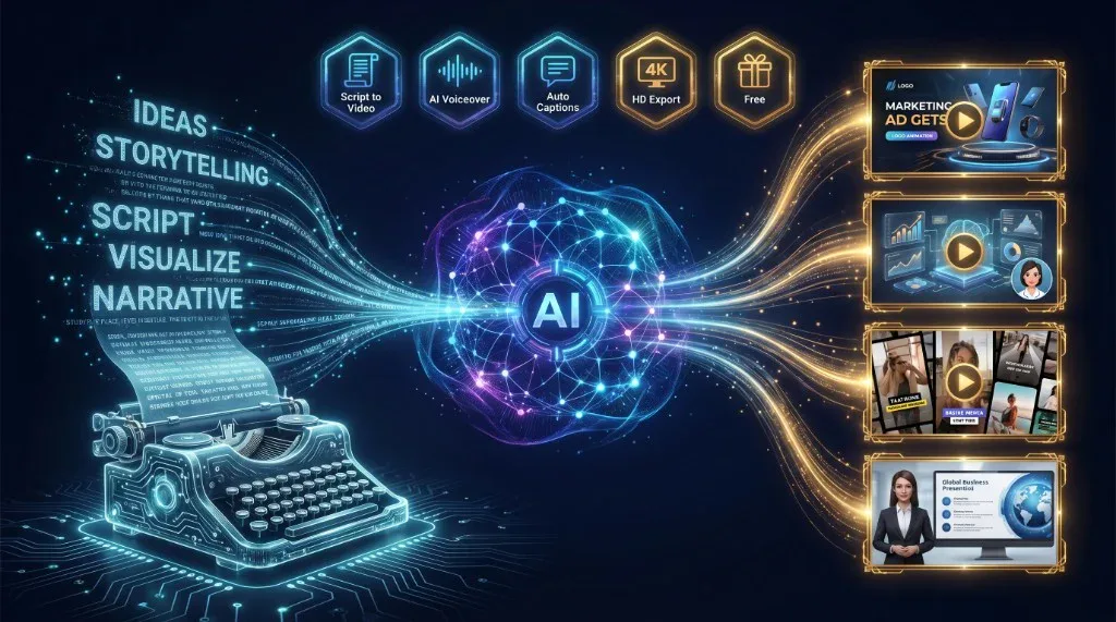 Infographic: AI text-to-video flow from scripts and storytelling through an AI core to marketing, social, and business video outputs