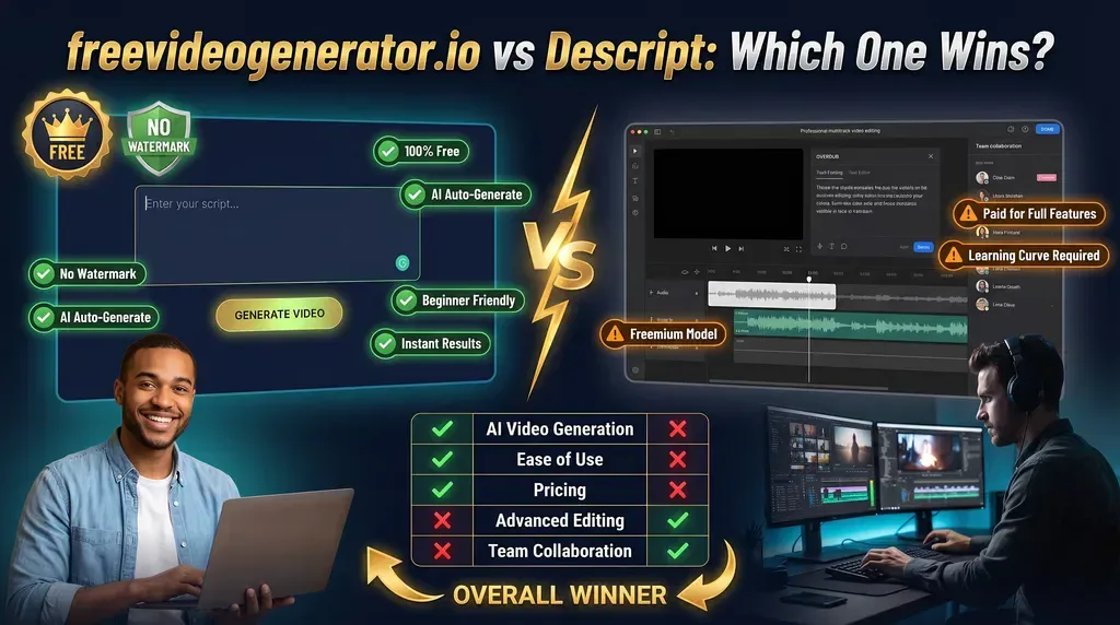 Comparison infographic: Van Gogh Studio vs Descript, highlighting Van Gogh Studio as the overall winner for AI generation, ease of use, and pricing.