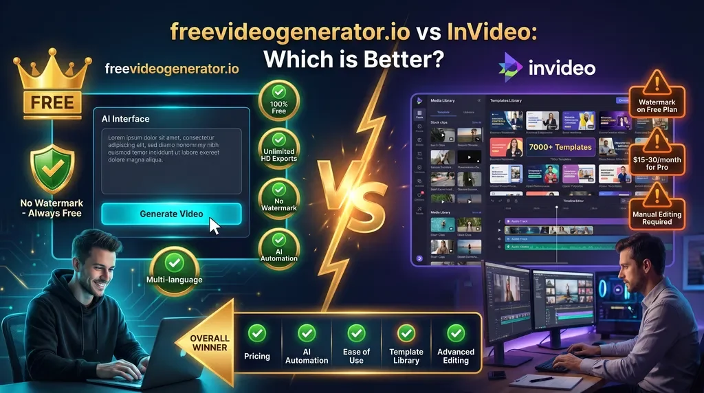Comparison infographic between Van Gogh Studio and InVideo, highlighting Van Gogh Studio as the overall winner for AI automation, pricing, and no watermarks.