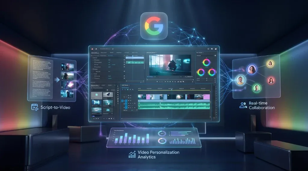 Futuristic Google AI Studio interface for video creators: script-to-video, real-time collaboration, and personalization analytics