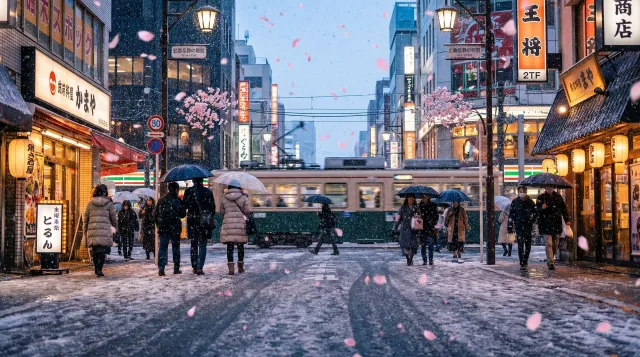 Snowy Tokyo With Sakura Petals