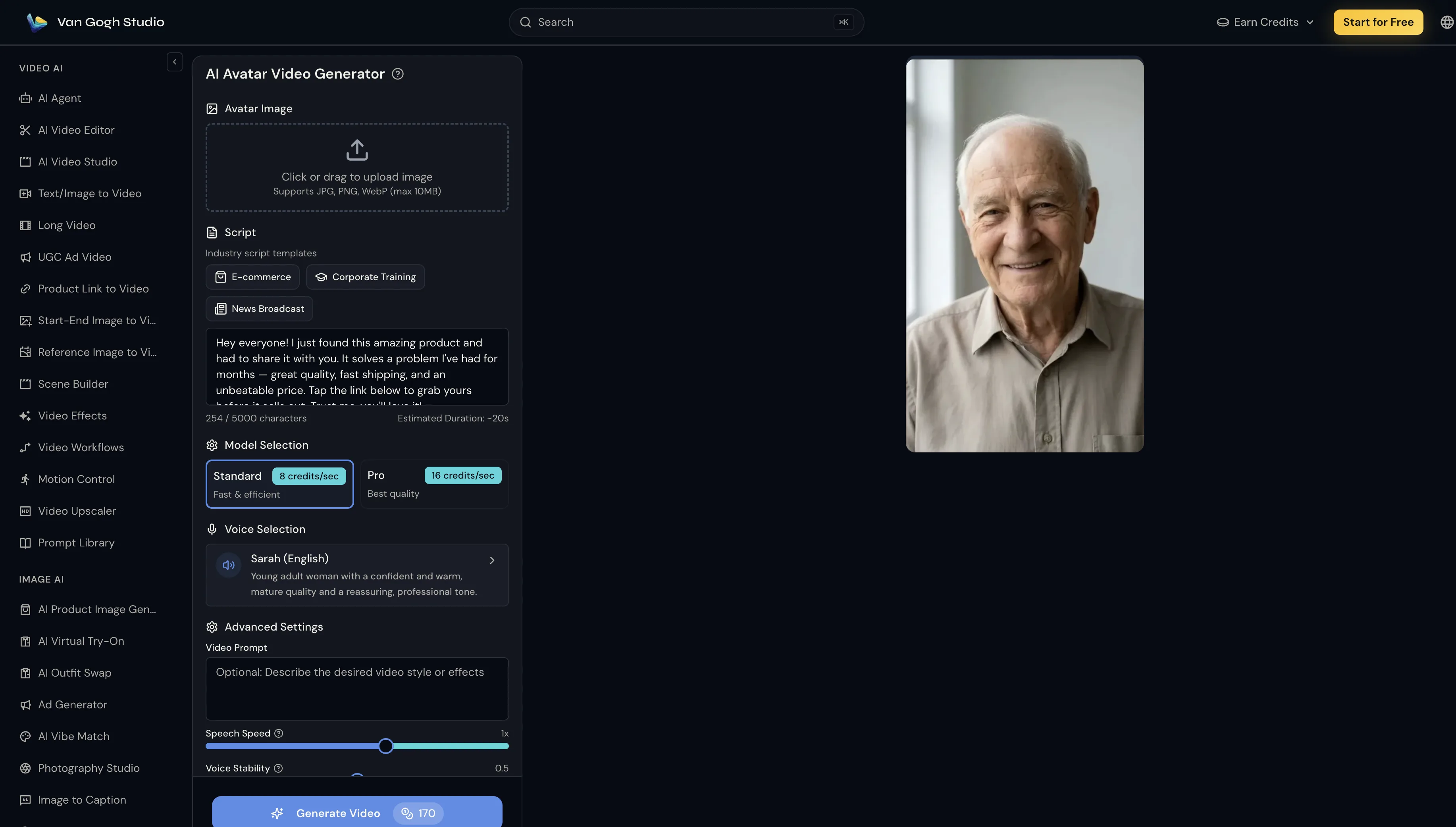 Van Gogh Studio Avatar Video Generator for consistent brand talking-head videos