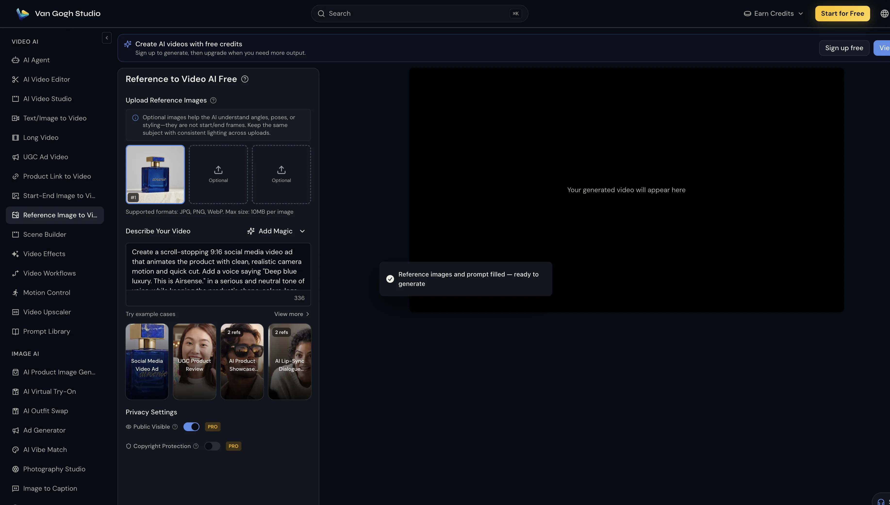 Van Gogh Studio Reference Image to Video interface for consistent brand character videos