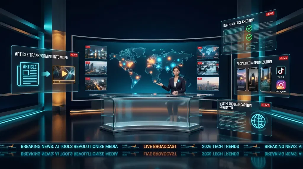 Futuristic AI news studio in 2026: text-to-video, real-time fact-checking, social optimization, and multi-language captions — hero for Best AI Video Tools for News and Media