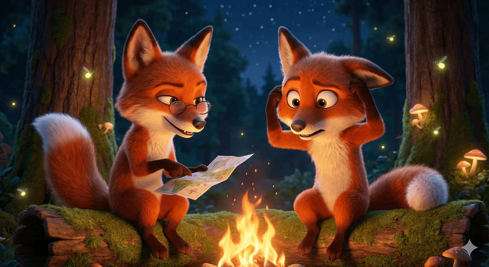 Two cartoon foxes by a campfire under a starry night