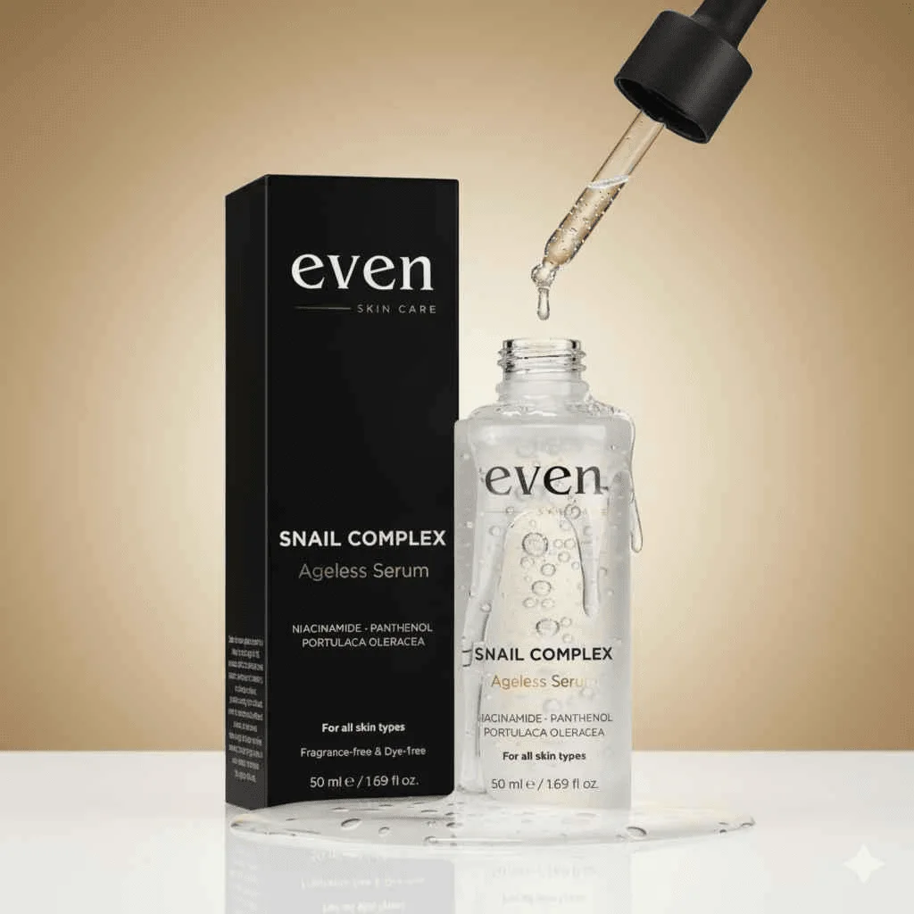 Luxury snail-complex serum bottle and box on a reflective surface