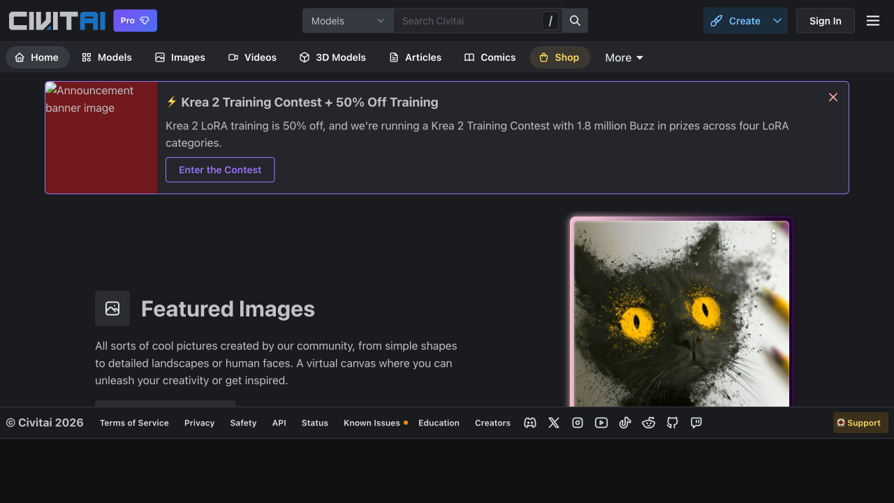 Civitai homepage featuring community AI images and model browsing options