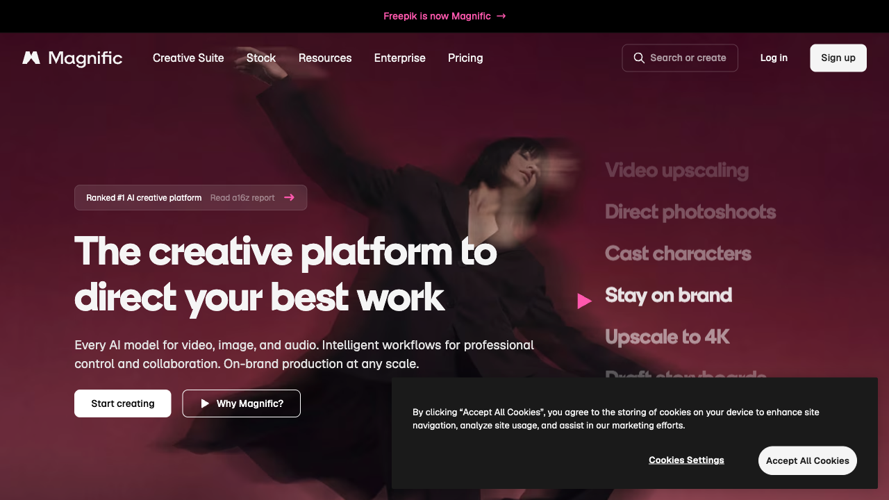 Magnific homepage showing an AI creative platform with generation and upscaling options