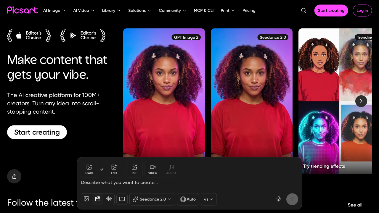 Picsart AI homepage featuring tools for AI image, video, and effects creation