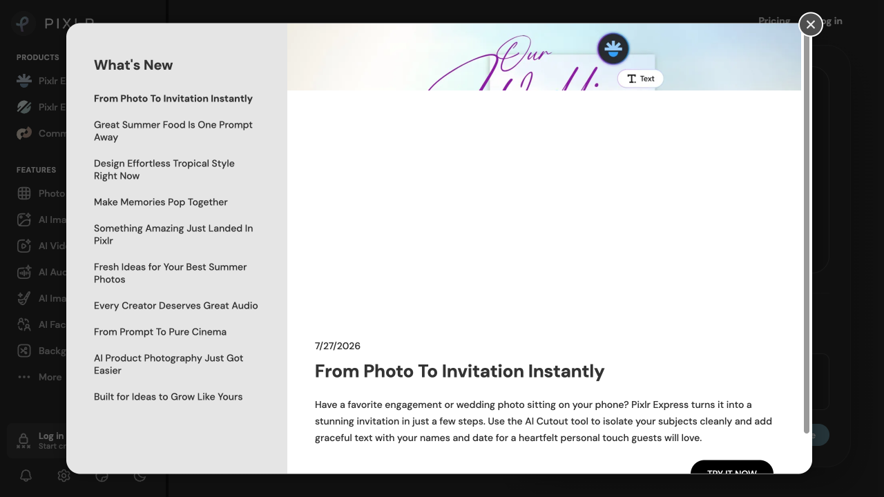 Pixlr homepage showing an AI photo editor, image generator, and upload panel