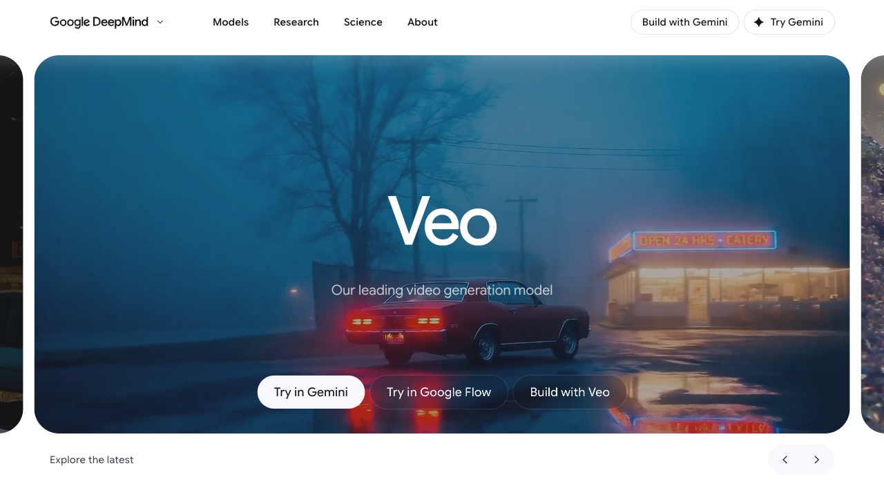 Google DeepMind Veo page with Try in Google Flow option