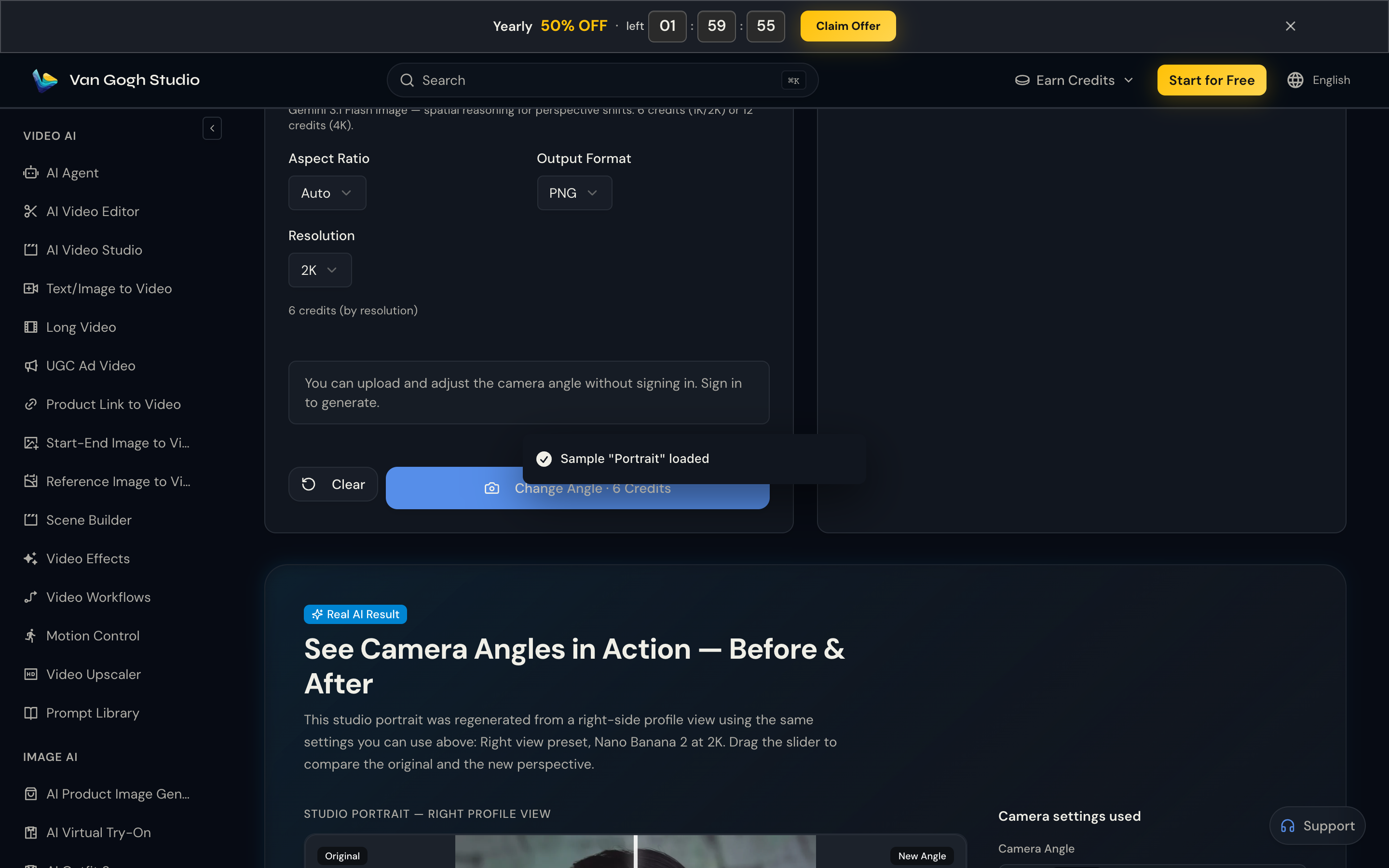 AI Angles model settings — Nano Banana 2, Auto aspect, 2K, Change Angle