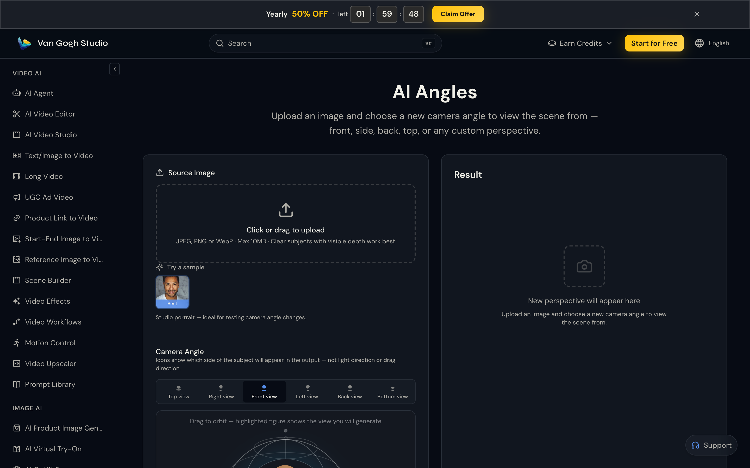 Van Gogh Studio Angles — upload image and choose camera angle