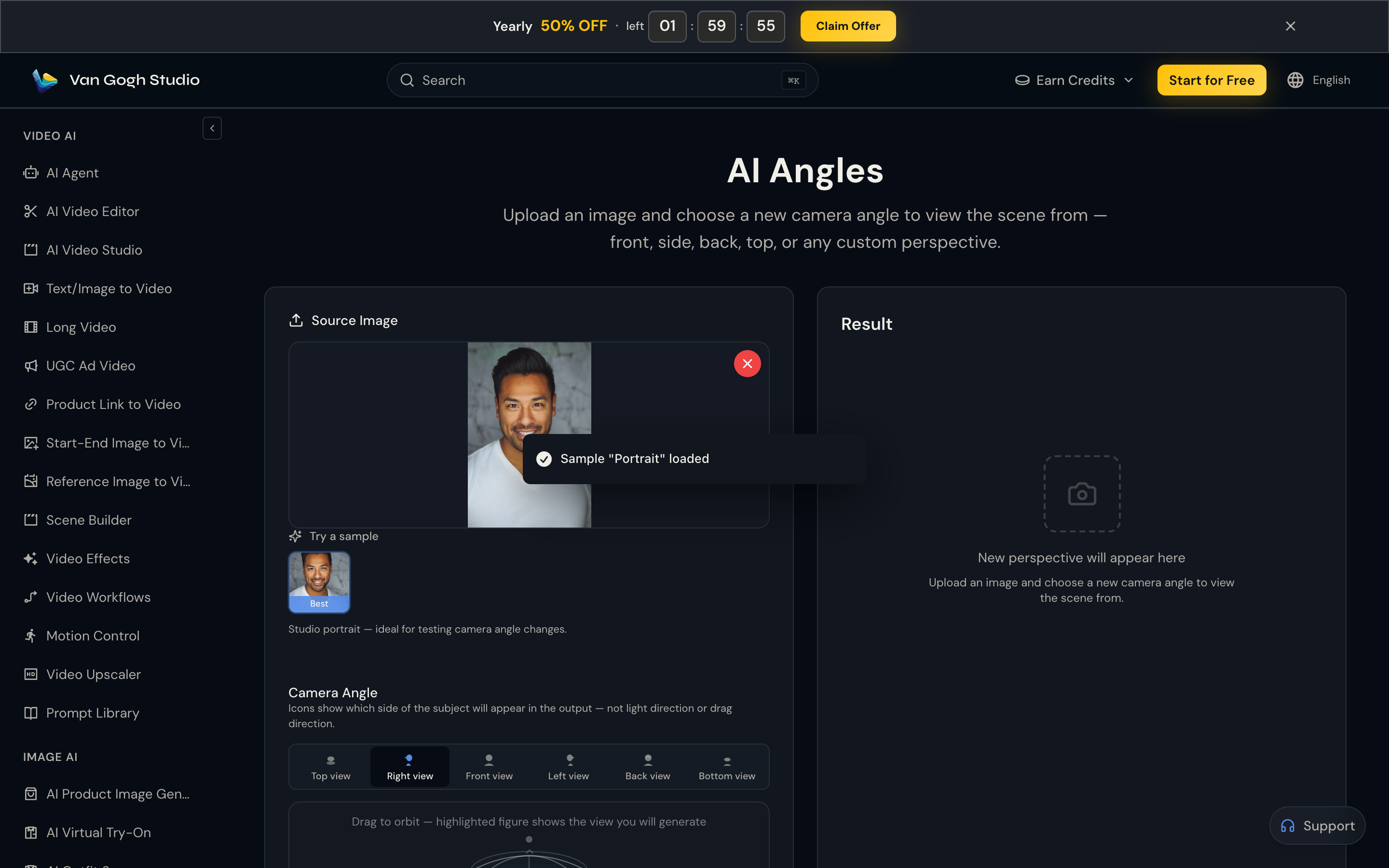 AI Angles with sample portrait loaded and Right view selected