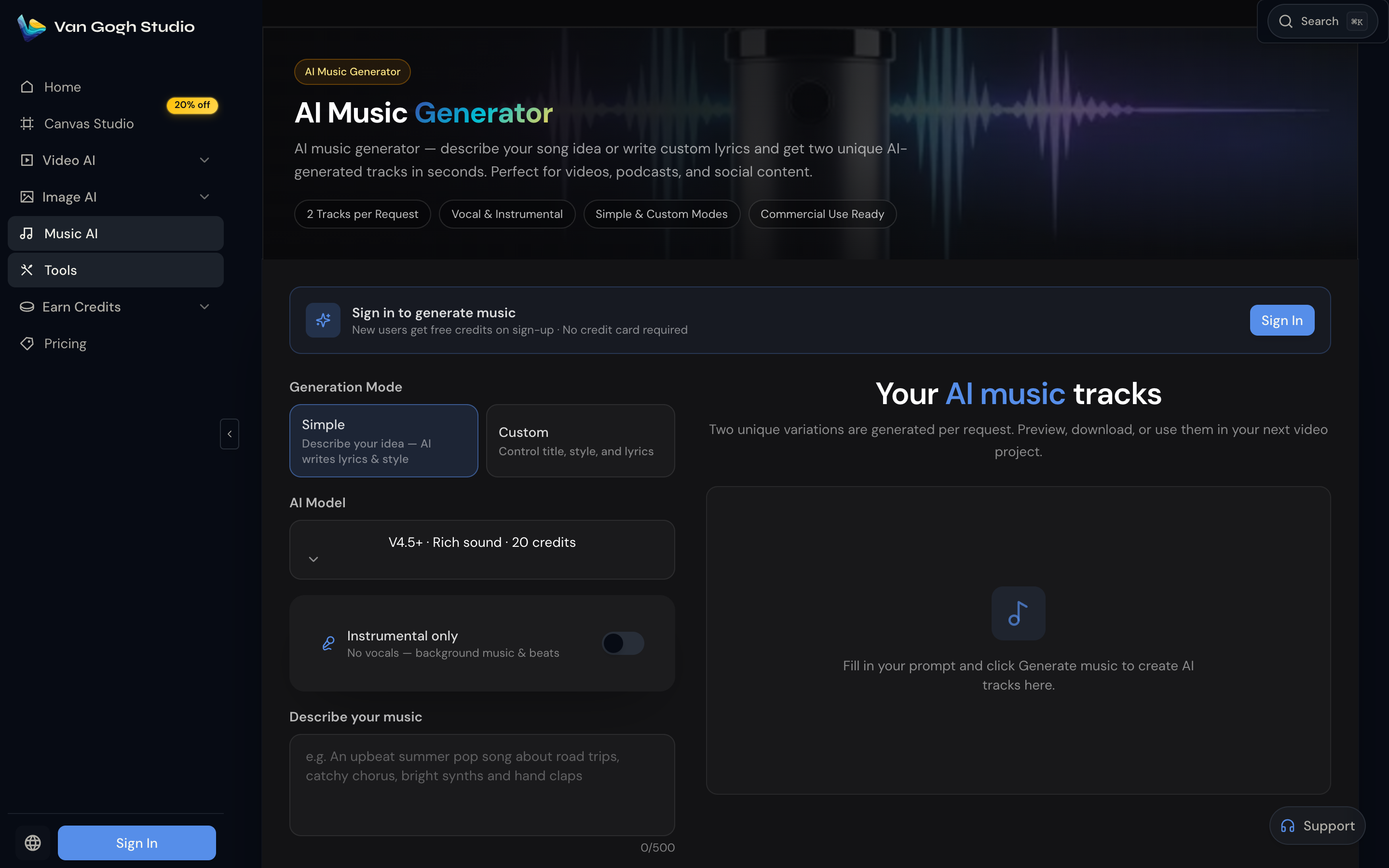 Van Gogh Studio Music Generator for tracks behind cover art videos
