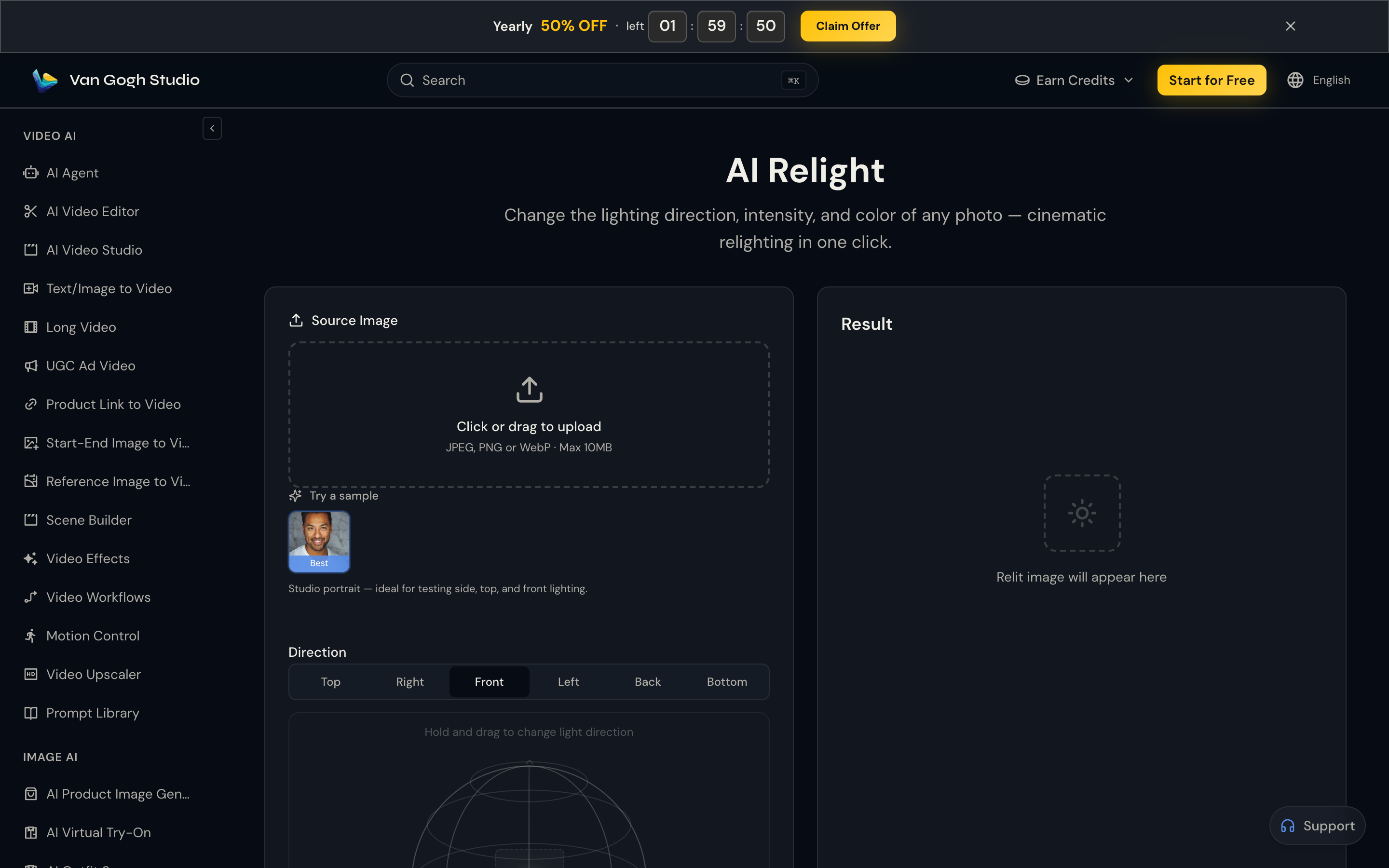 Van Gogh Studio Relight — upload photo and set light direction