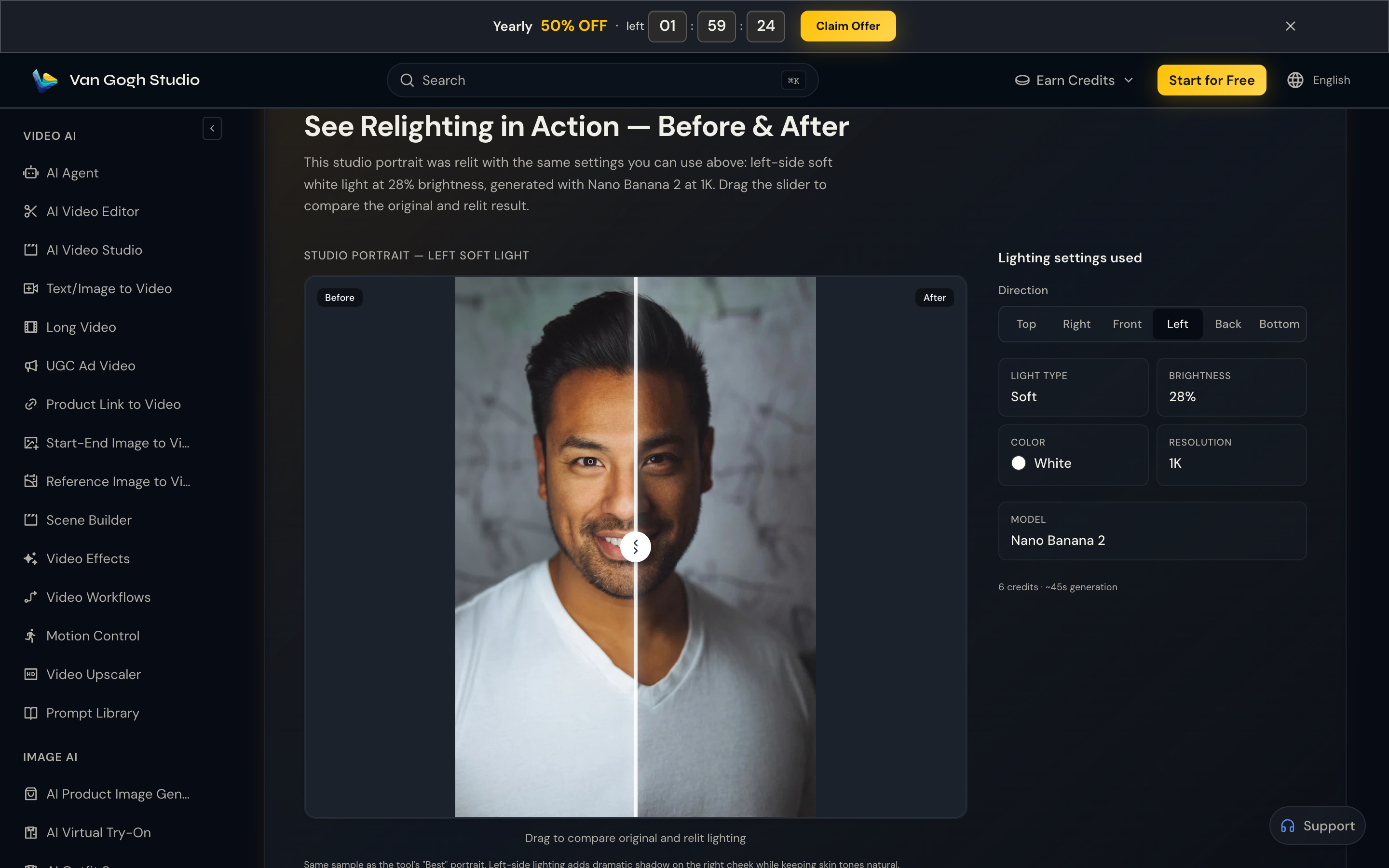 AI Relight before and after — left soft white light on studio portrait