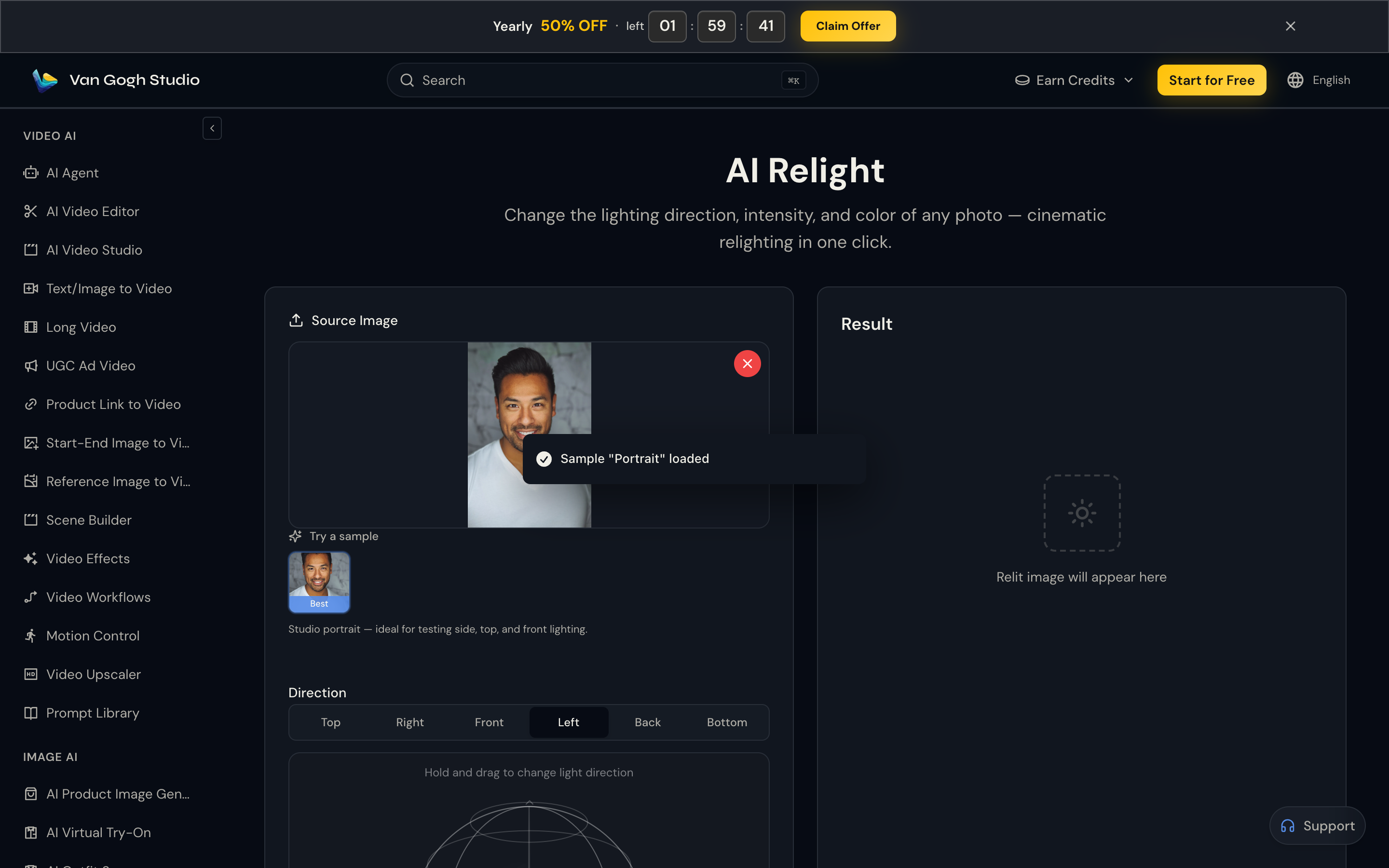 AI Relight with sample portrait loaded and Left light direction selected