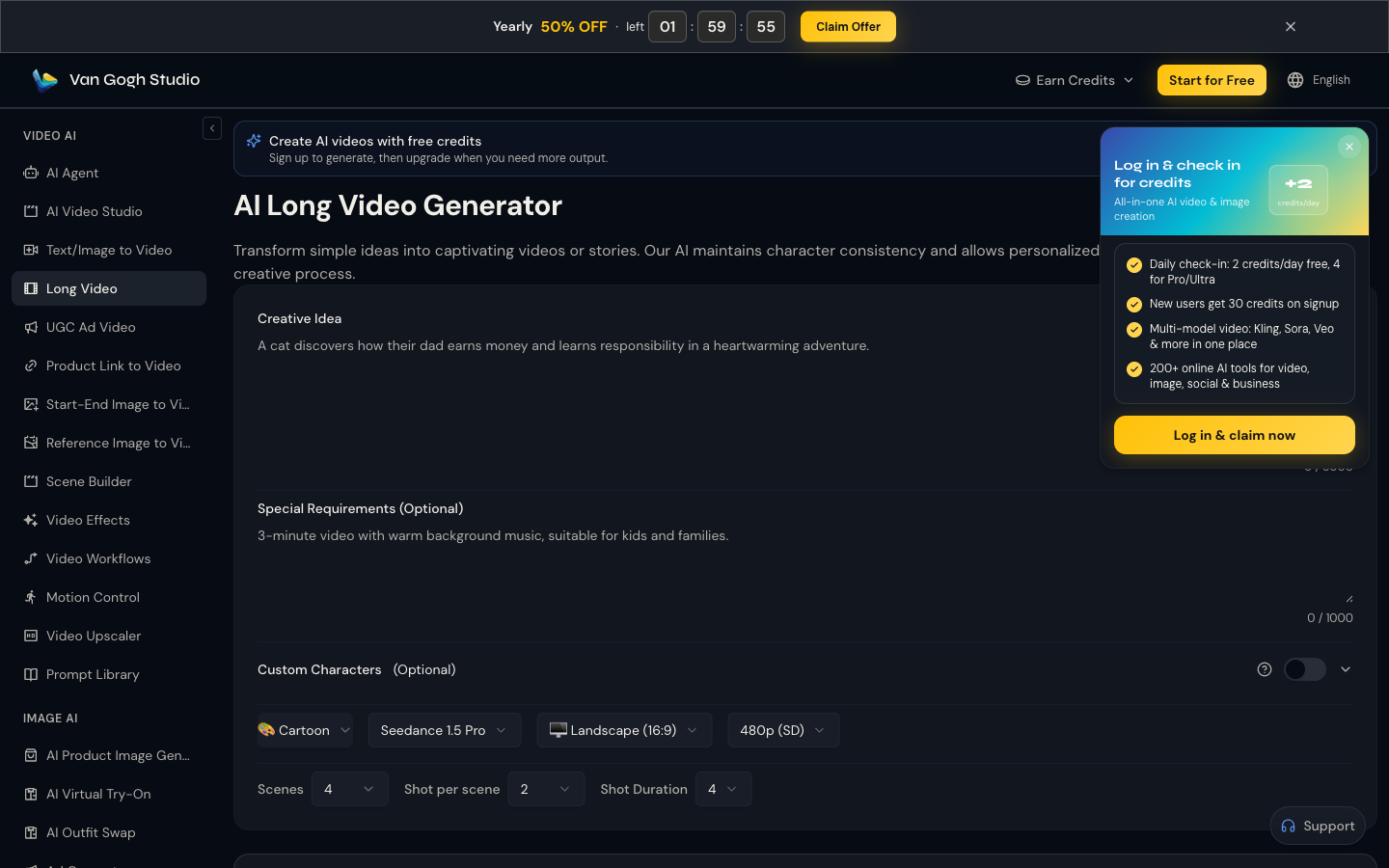 Van Gogh Studio Long Video Generator with creative idea and scene settings