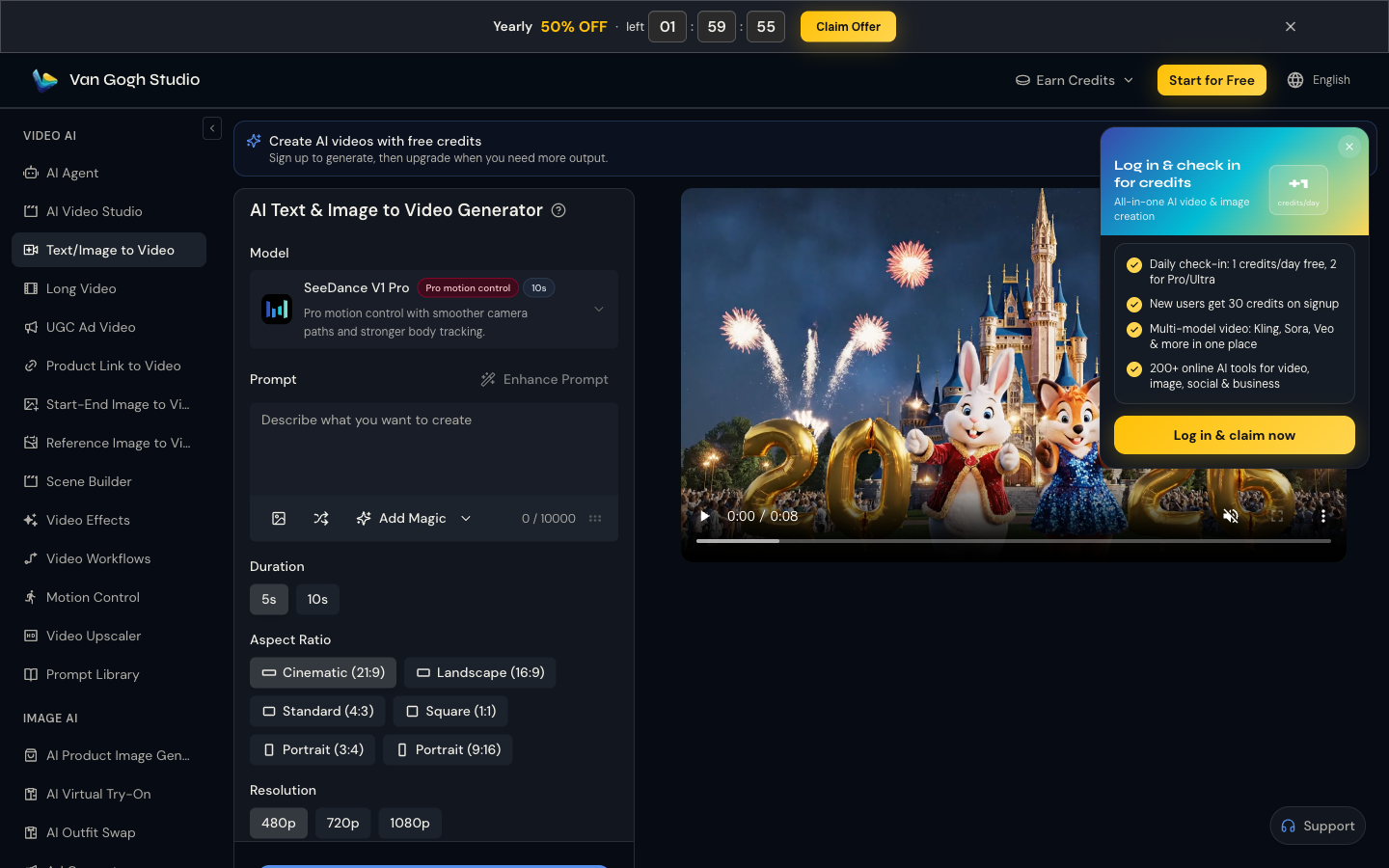 Van Gogh Studio Text & Image to Video Generator interface