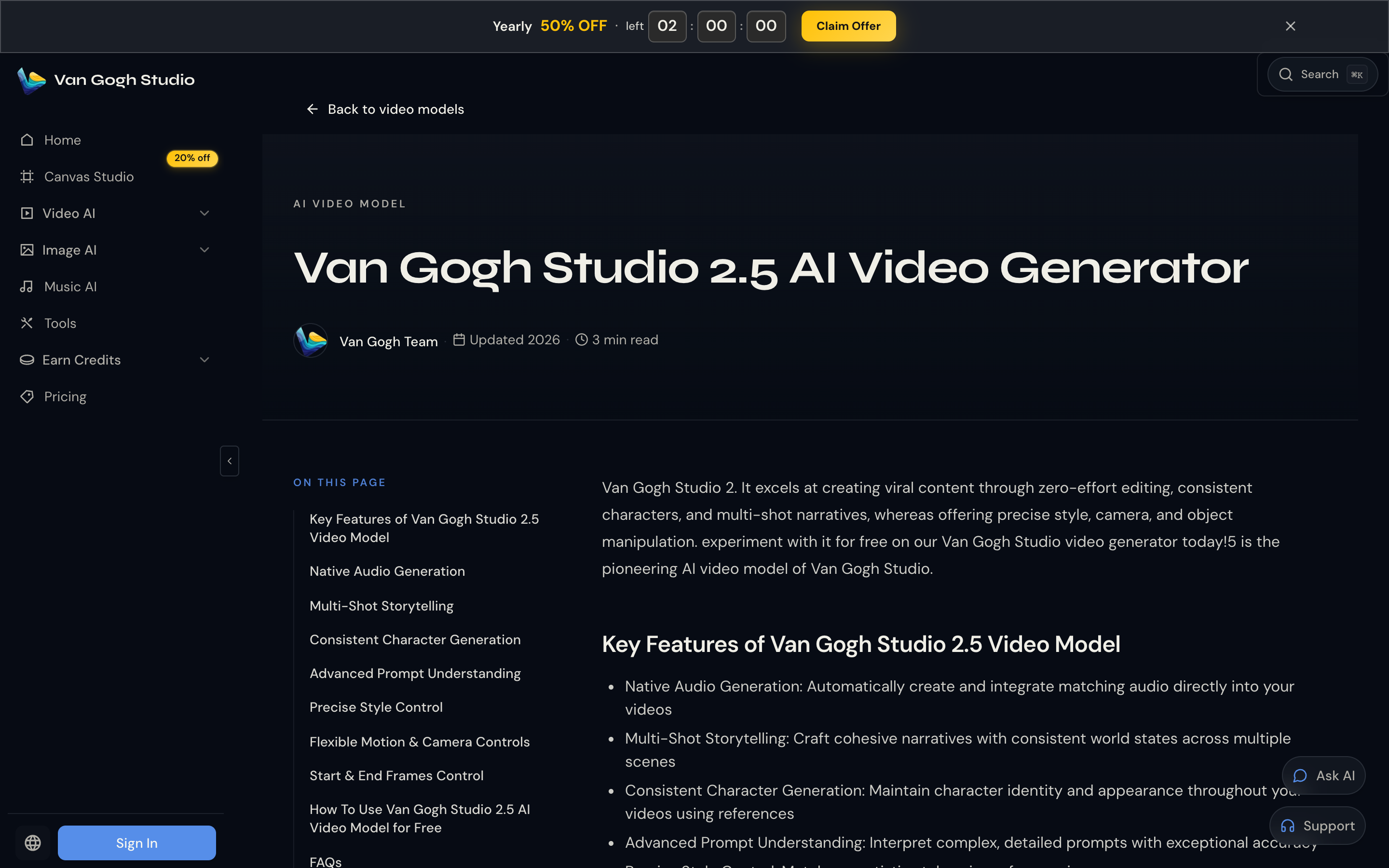 Van Gogh Studio 2.5 AI Video Generator model overview