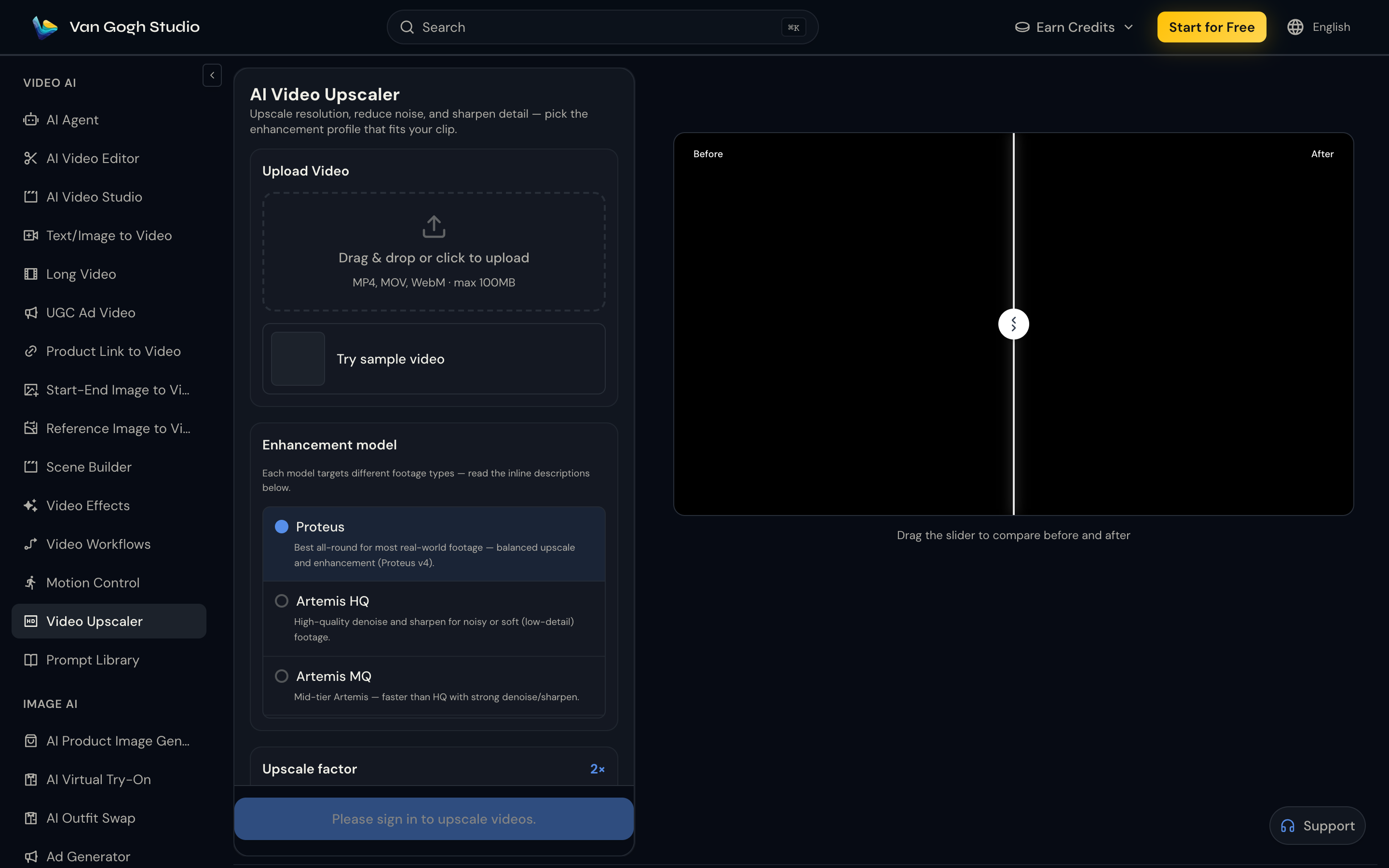 Van Gogh Studio Video Upscaler — upload, model, and upscale factor