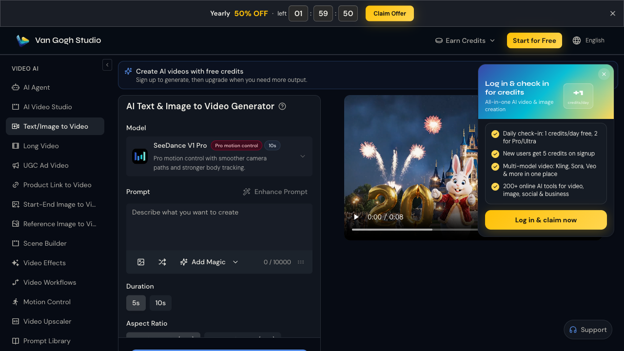 Van Gogh Studio image-to-video workspace