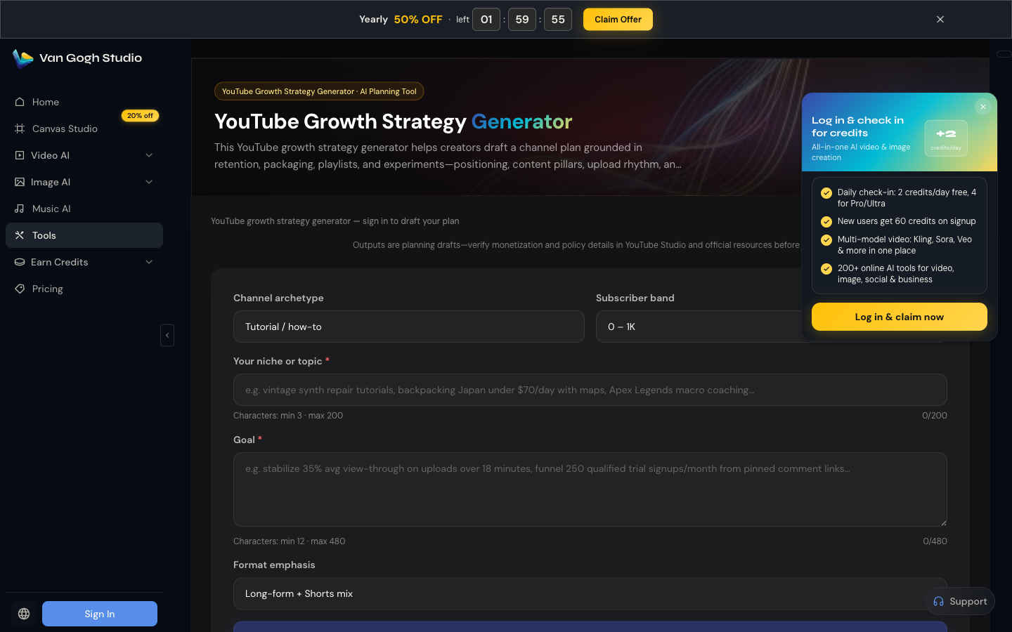 Van Gogh Studio YouTube growth strategy generator