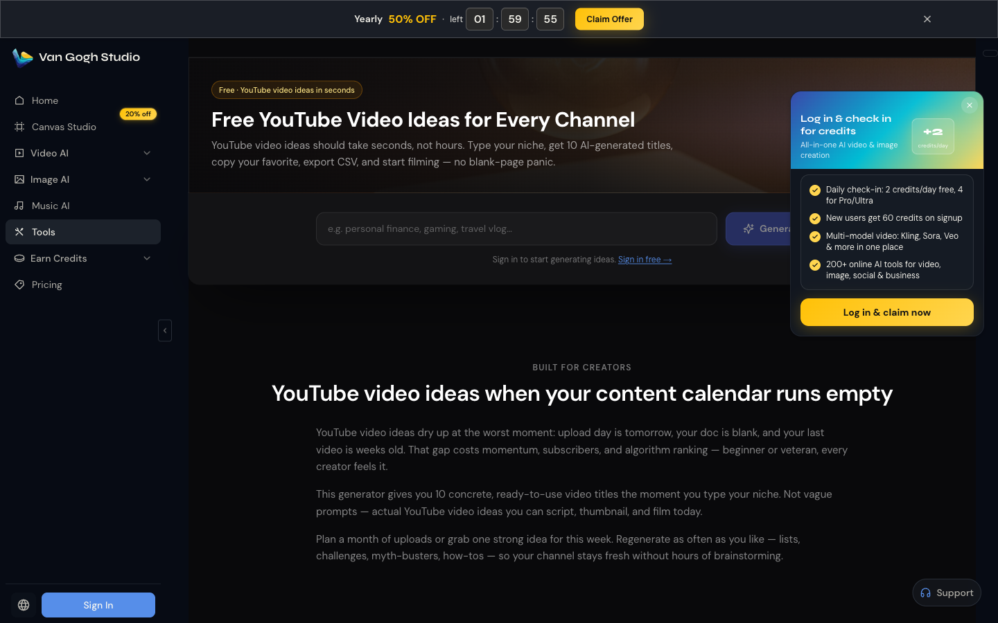 Van Gogh Studio YouTube idea generator for consistent uploads