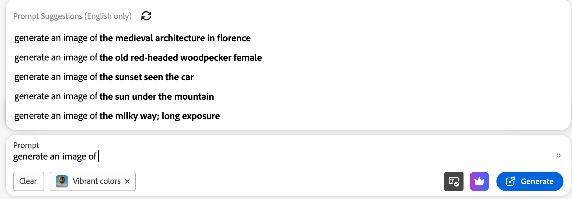 Adobe Firefly text-to-image generation workspace