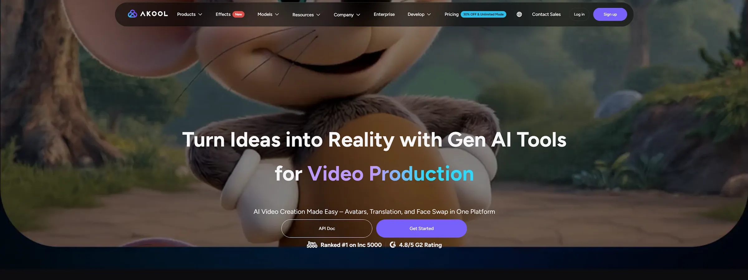 Akool homepage promoting Gen AI tools for video production
