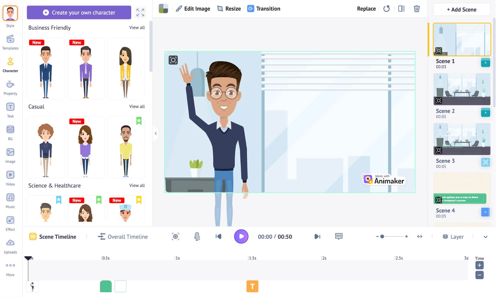 Animaker scene timeline editor with character library and office explainer canvas