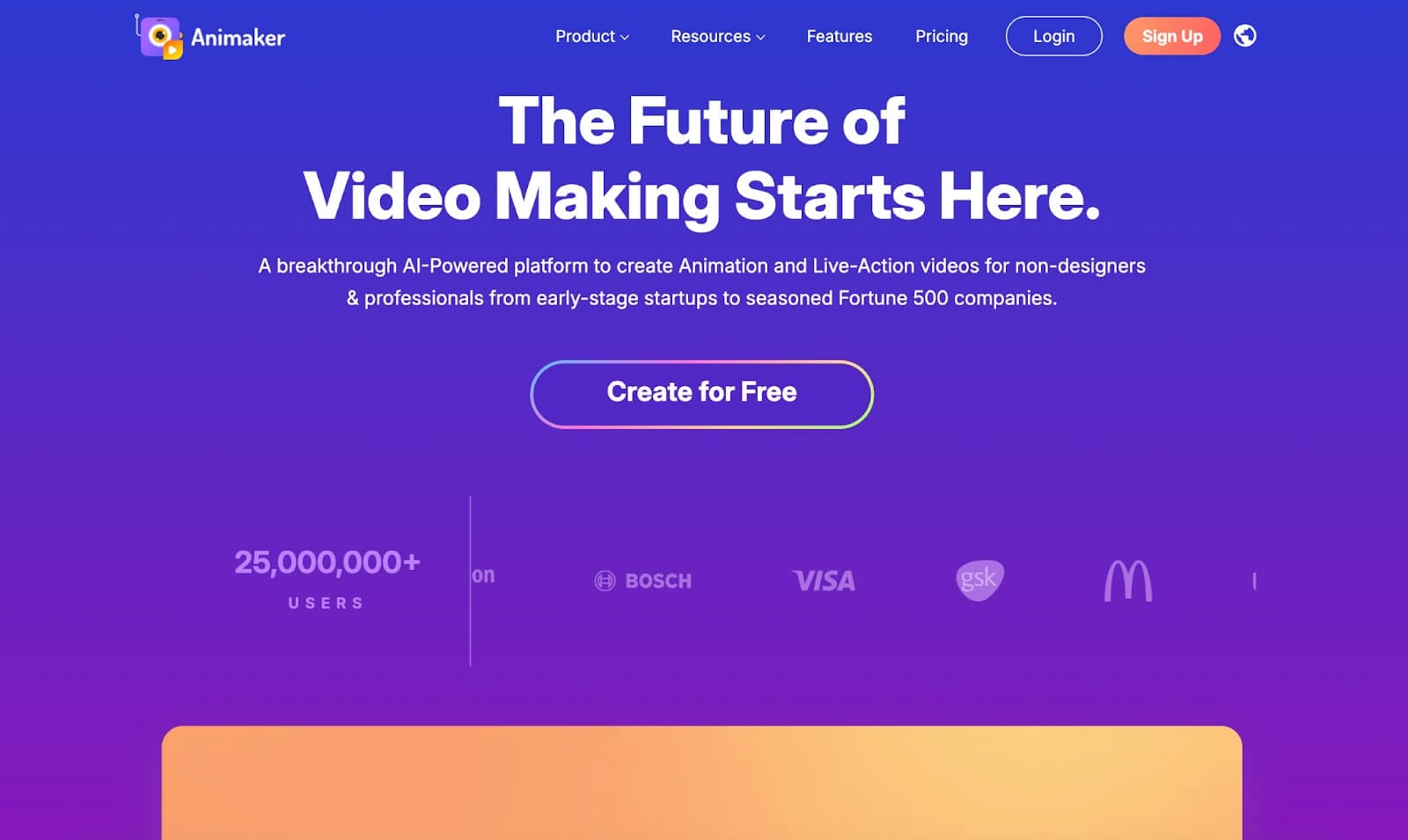 Animaker homepage promoting AI-powered animation and live-action video creation