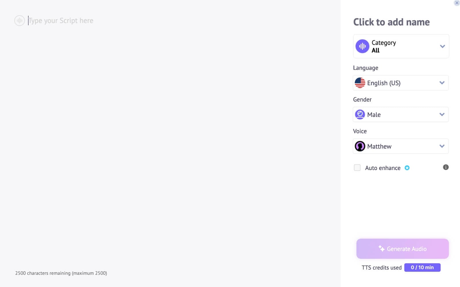 Animaker text-to-speech panel for script narration and voice selection