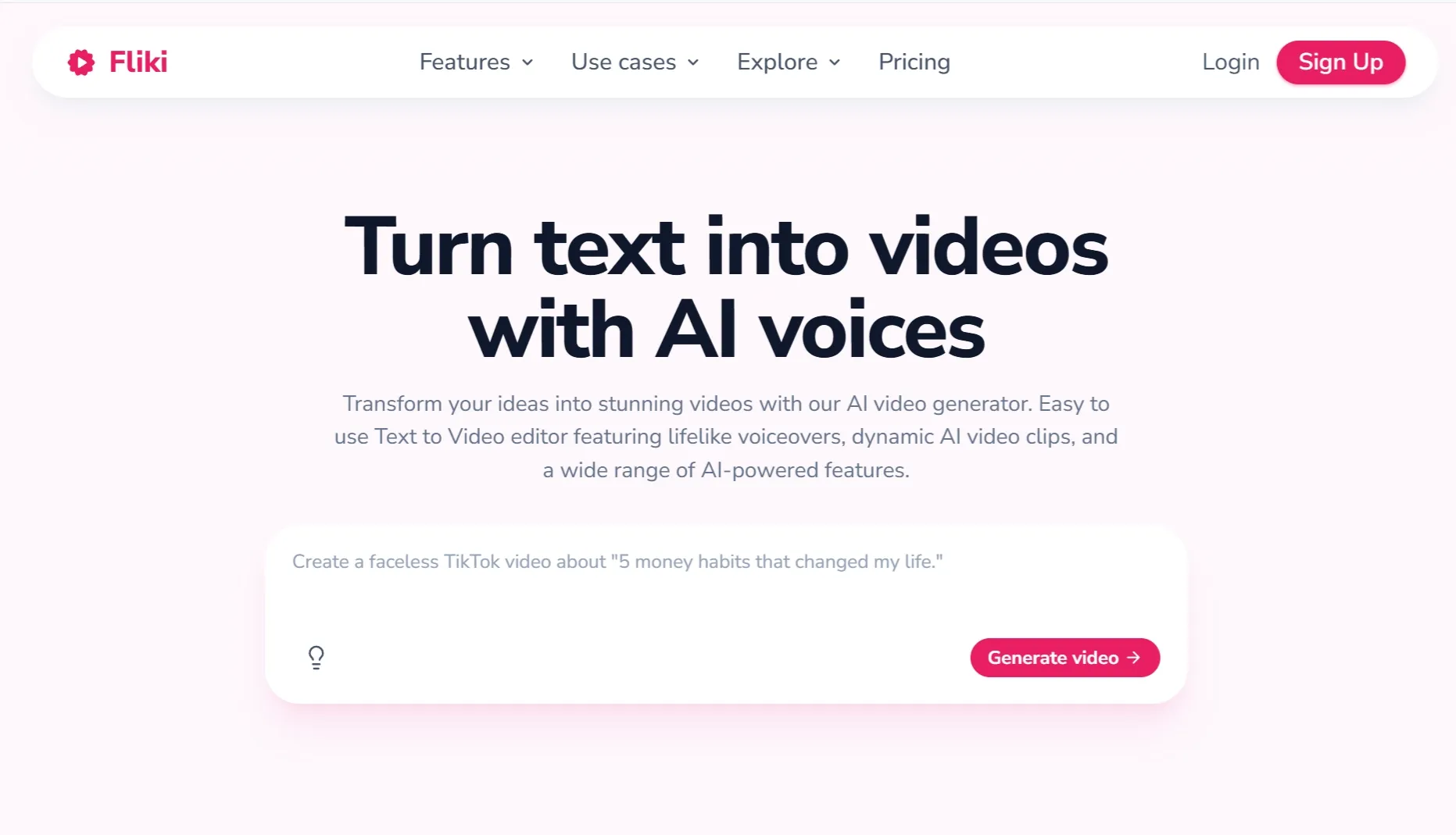 Fliki homepage for turning text into videos with AI voices