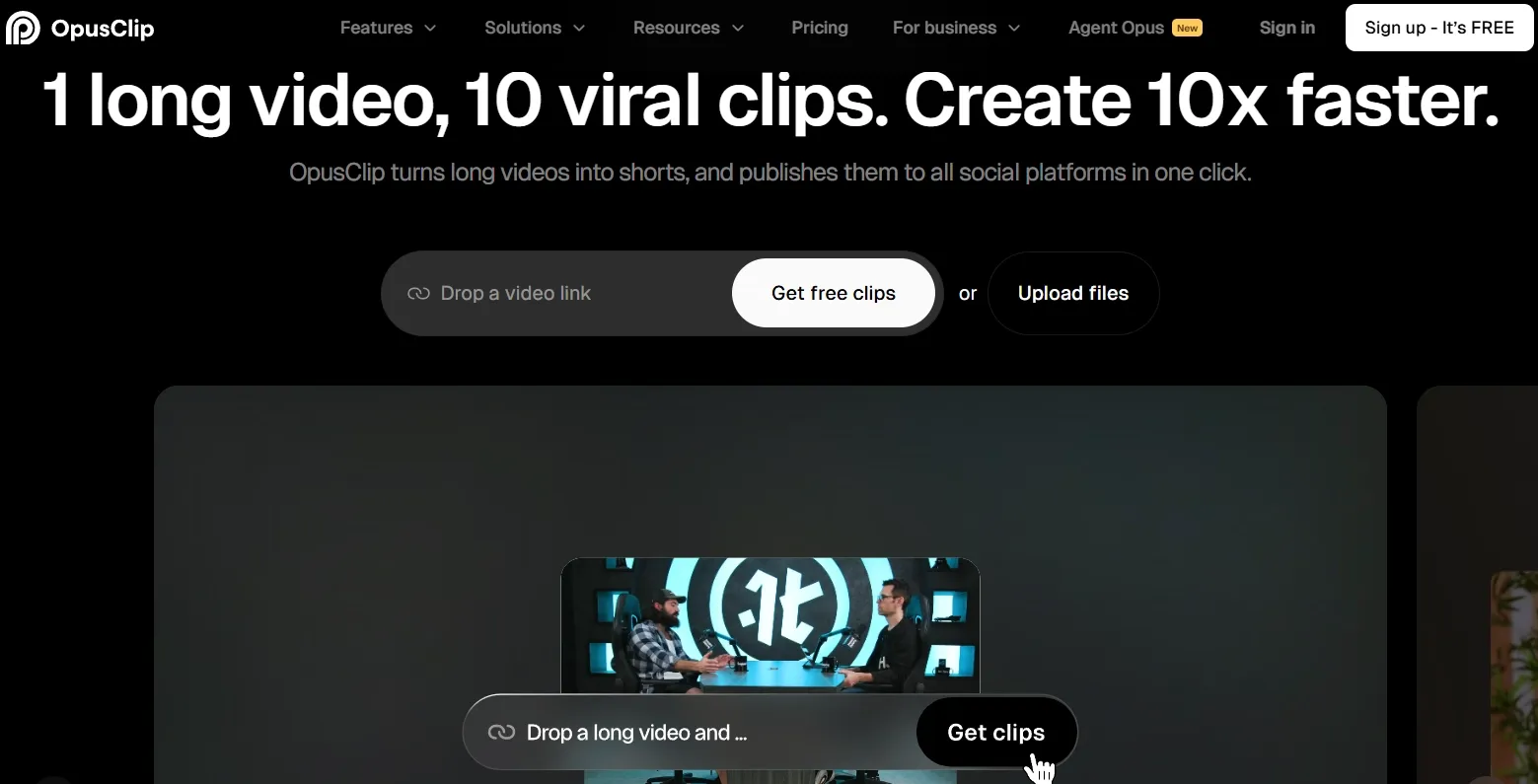The homepage of OpusClip.