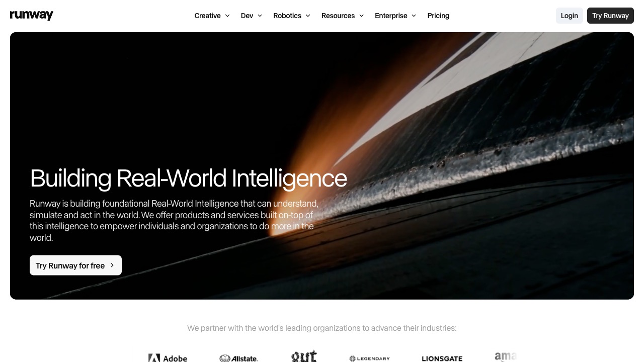 Runway AI homepage for cinematic AI video generation