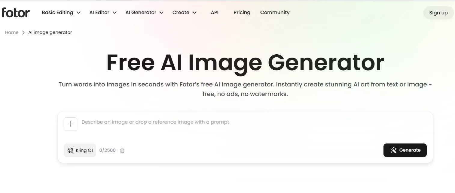 Fotor AI image generator page