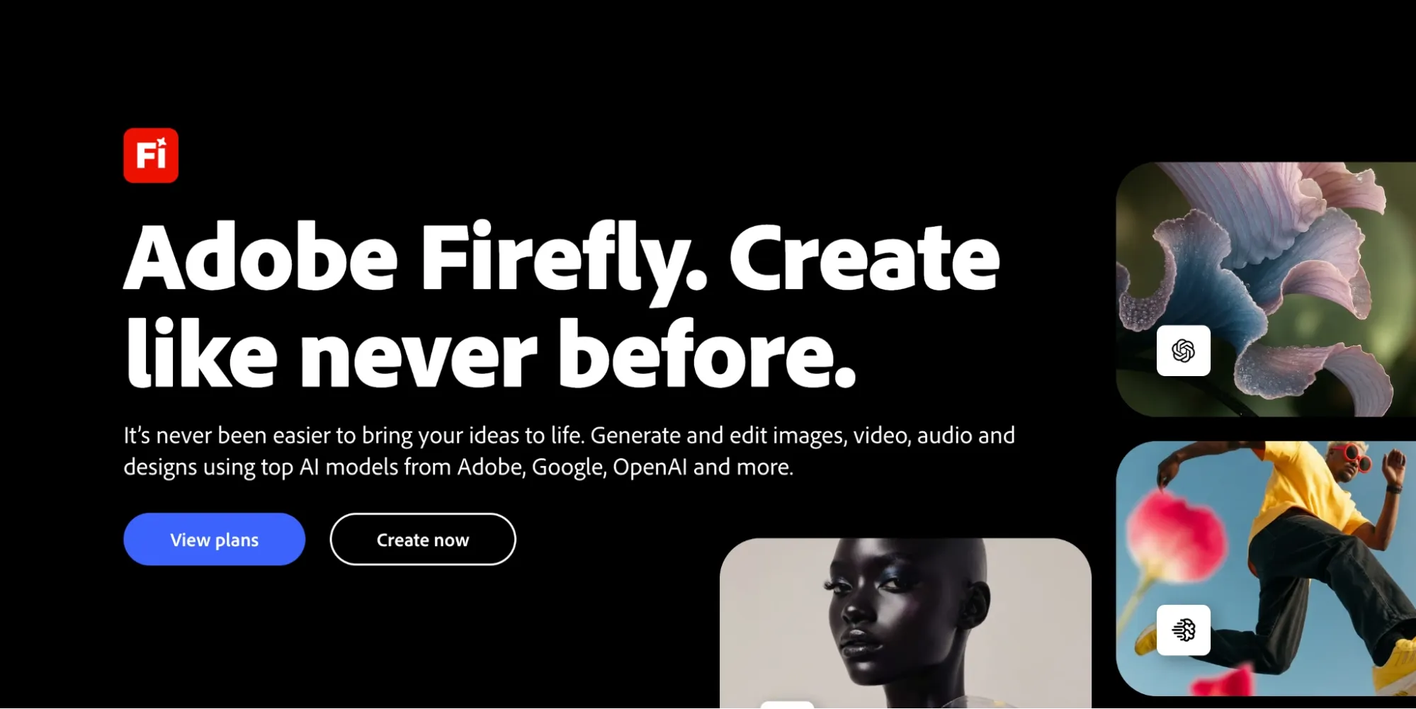 Adobe Firefly homepage for AI image, video, audio creation