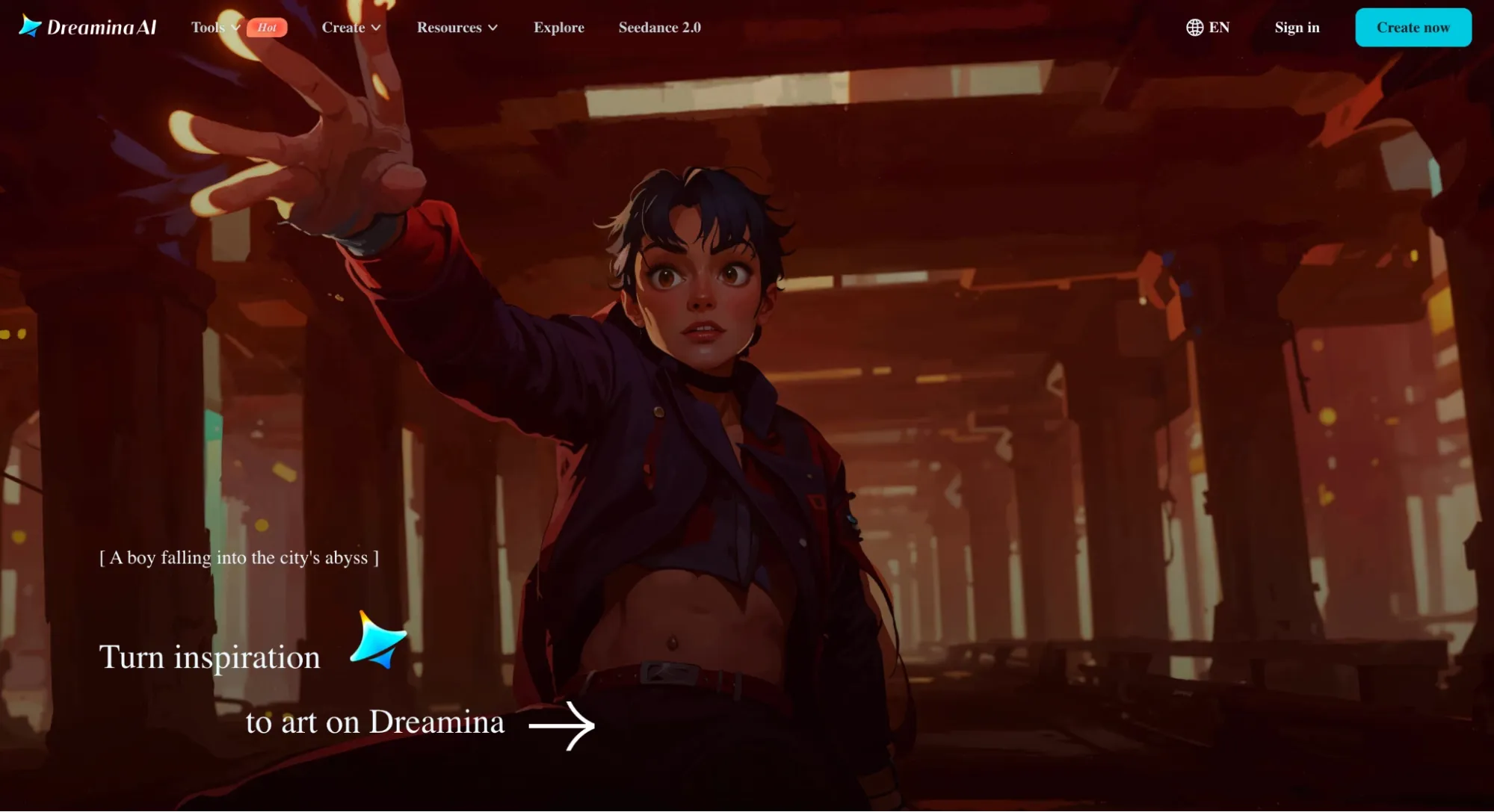 Dreamina homepage featuring stylized character art and creation prompt