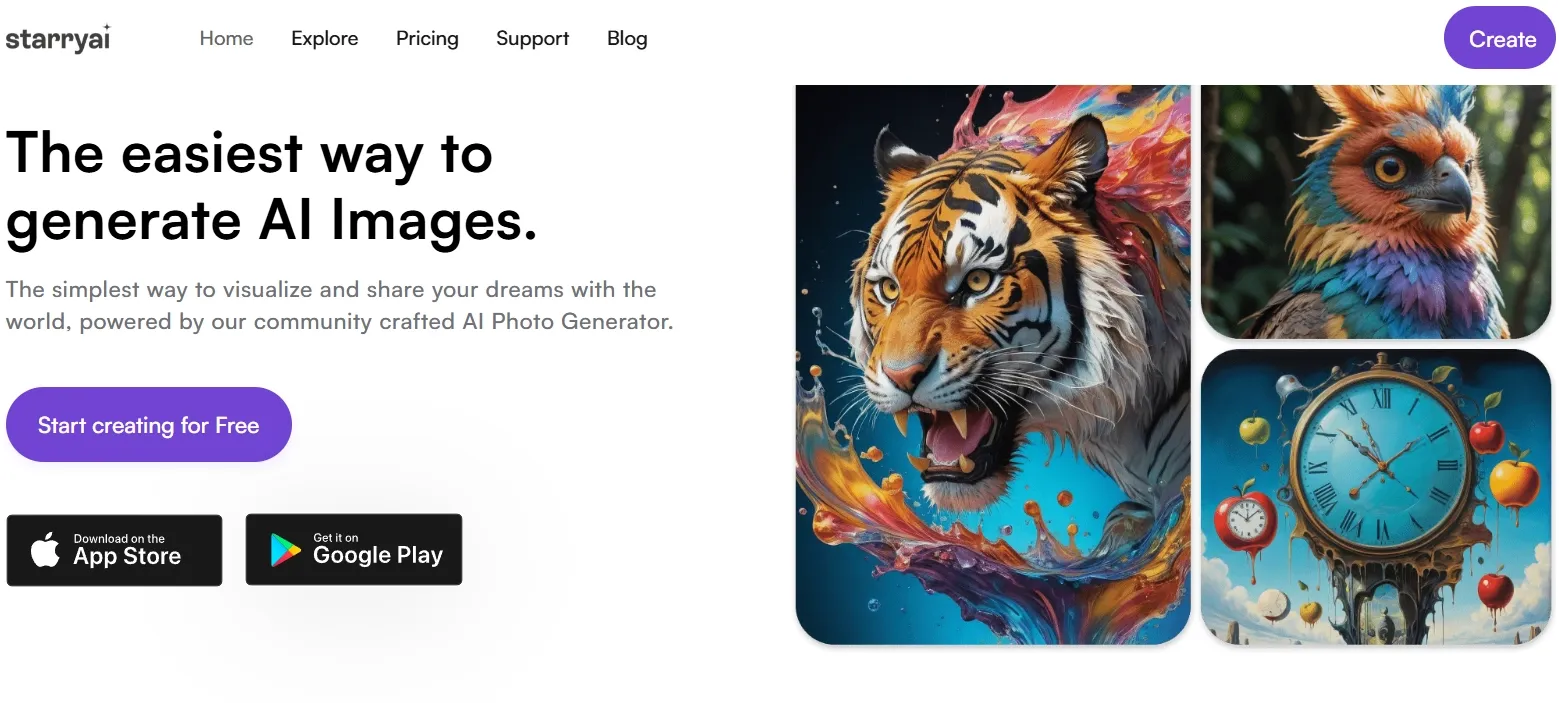 StarryAI homepage displaying colorful AI artwork and mobile apps