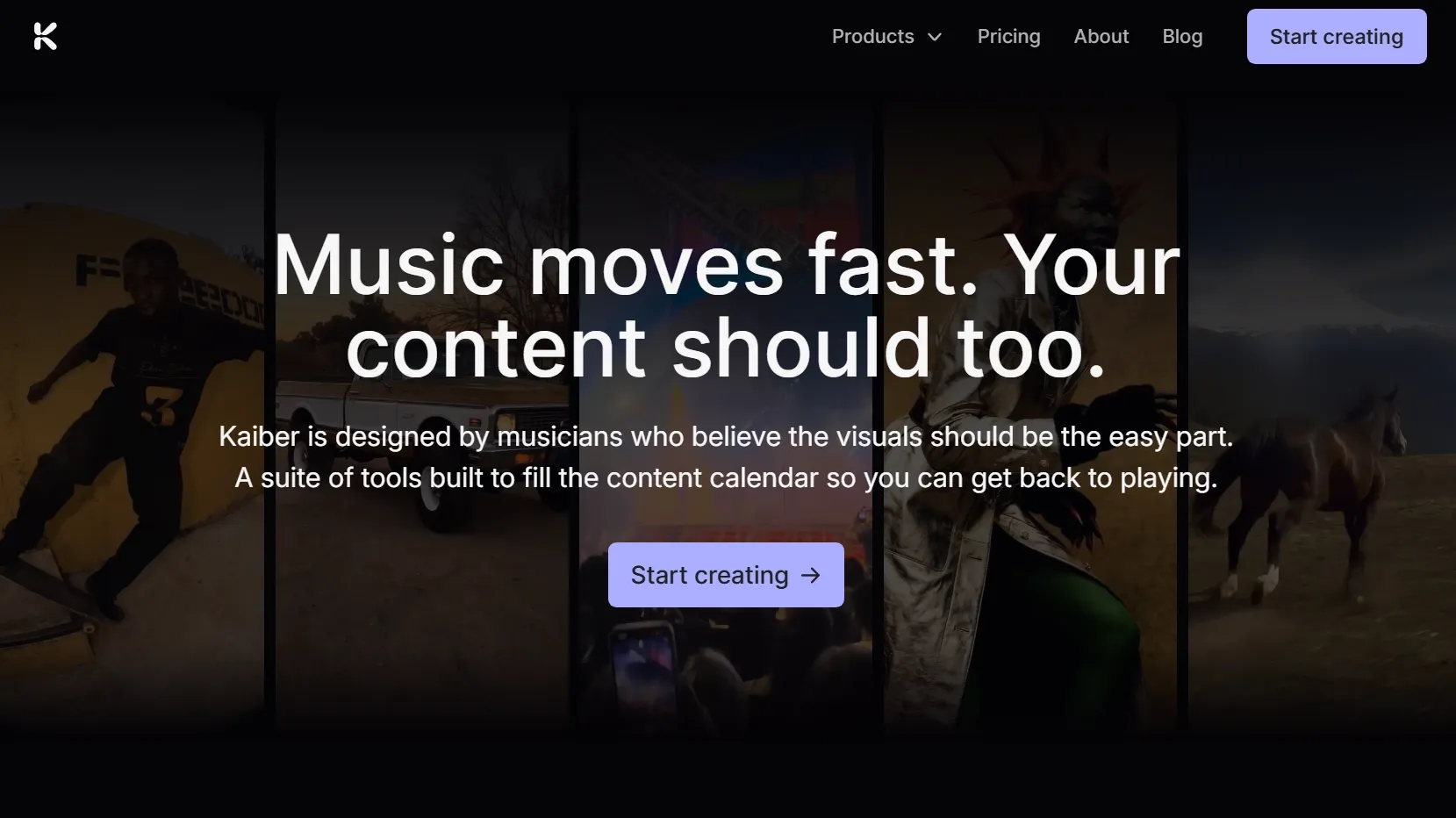A promotional banner for Kaiber, emphasizing fast content creation for musicians.