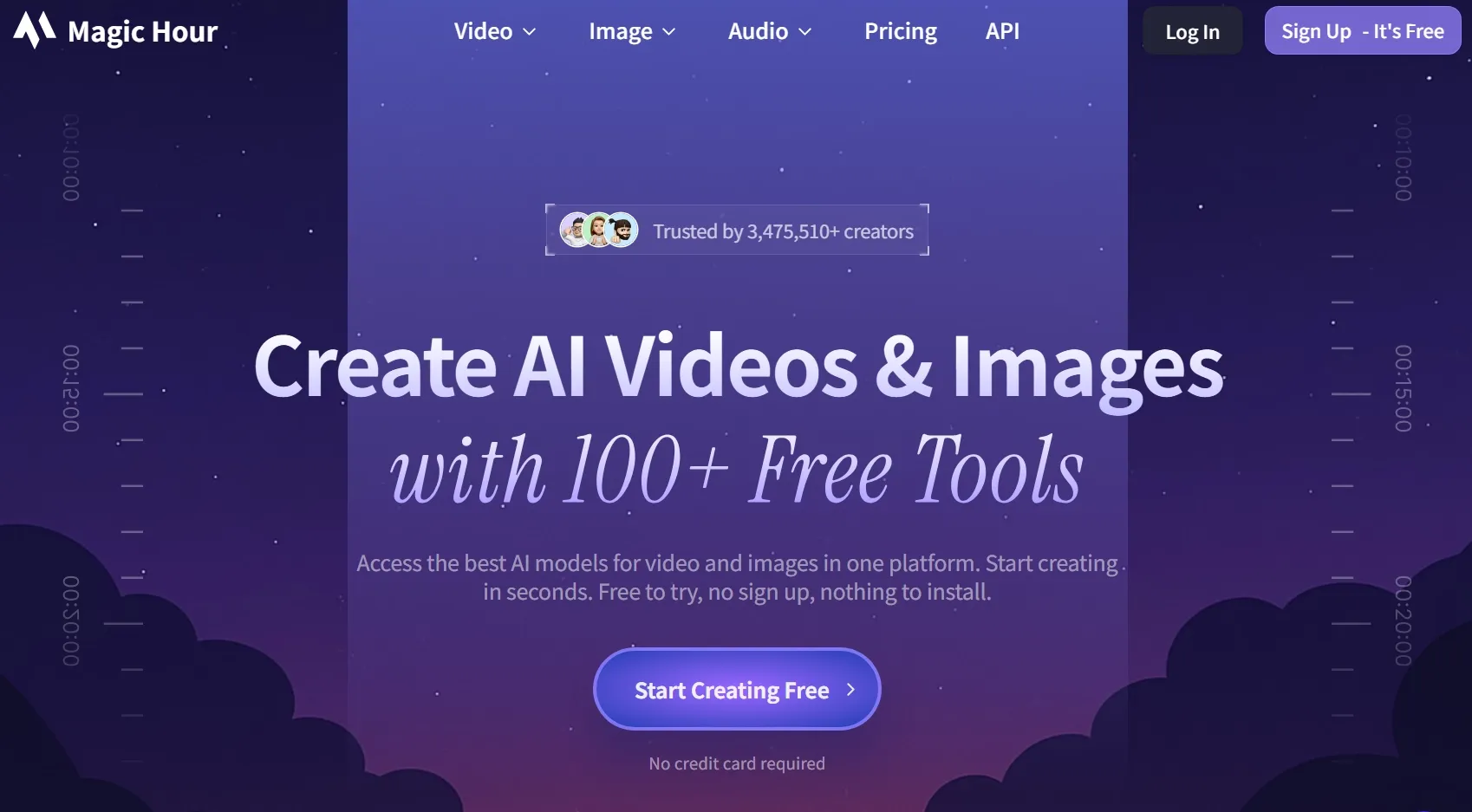 Website promoting AI video and image creation tools with free access.