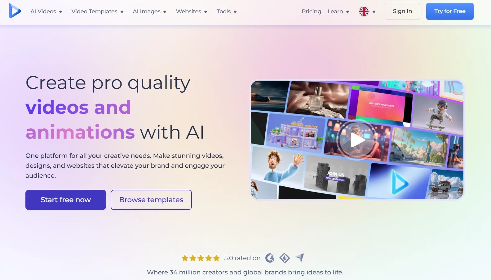 Platform for creating videos and animations with AI tools and templates.