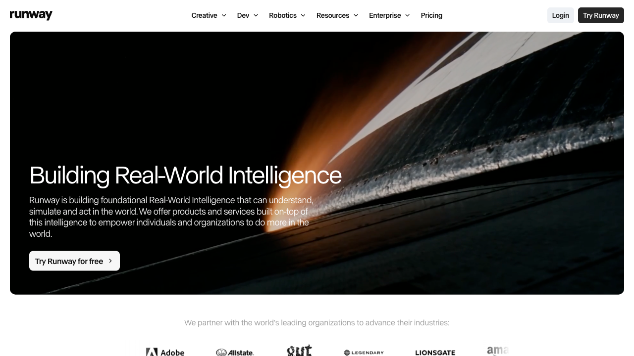 Runway AI video platform homepage